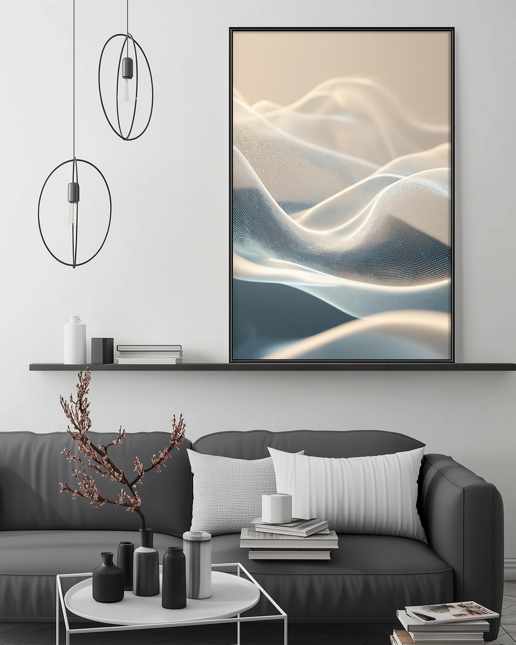 a modern living room with a gray sofa, a coffee table, and a large abstract painting hanging on the wall above the sofa.