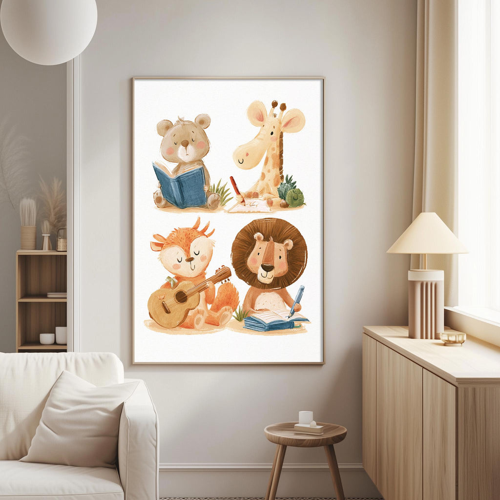 a cozy living room with a white couch, a wooden side table, and a lamp. Above the couch, there is a framed illustration of a bear reading a book, a giraffe, a lion, and a deer.