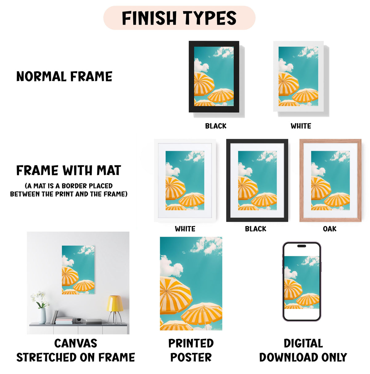 various finish types for artwork, including a normal frame, a frame with a mat, a white frame, a black frame, an oak frame, a white canvas stretched on a frame, a printed poster, and a digital download only.