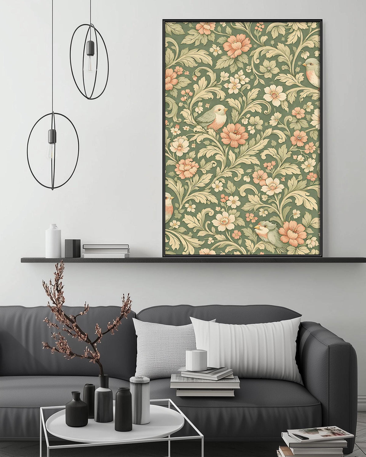 a living room with a gray sofa, a coffee table, and a large floral print hanging on the wall above the sofa.