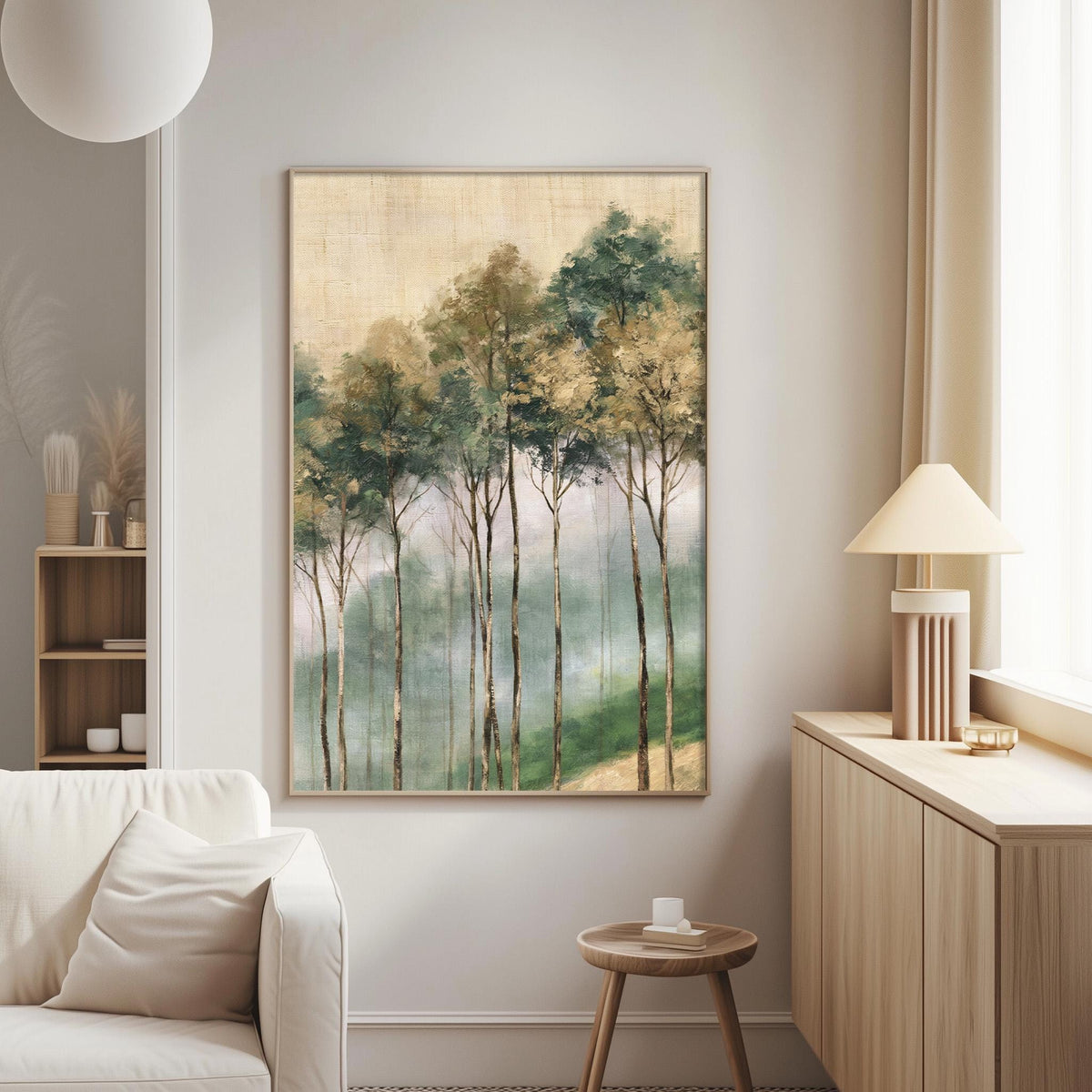 a living room with a large painting of trees hanging on the wall. The painting has a warm, earthy color palette with green and brown tones, creating a serene and natural atmosphere. The room is furnished with a white sofa, a wooden side table, and a lamp, contributing to a cozy and inviting ambiance.