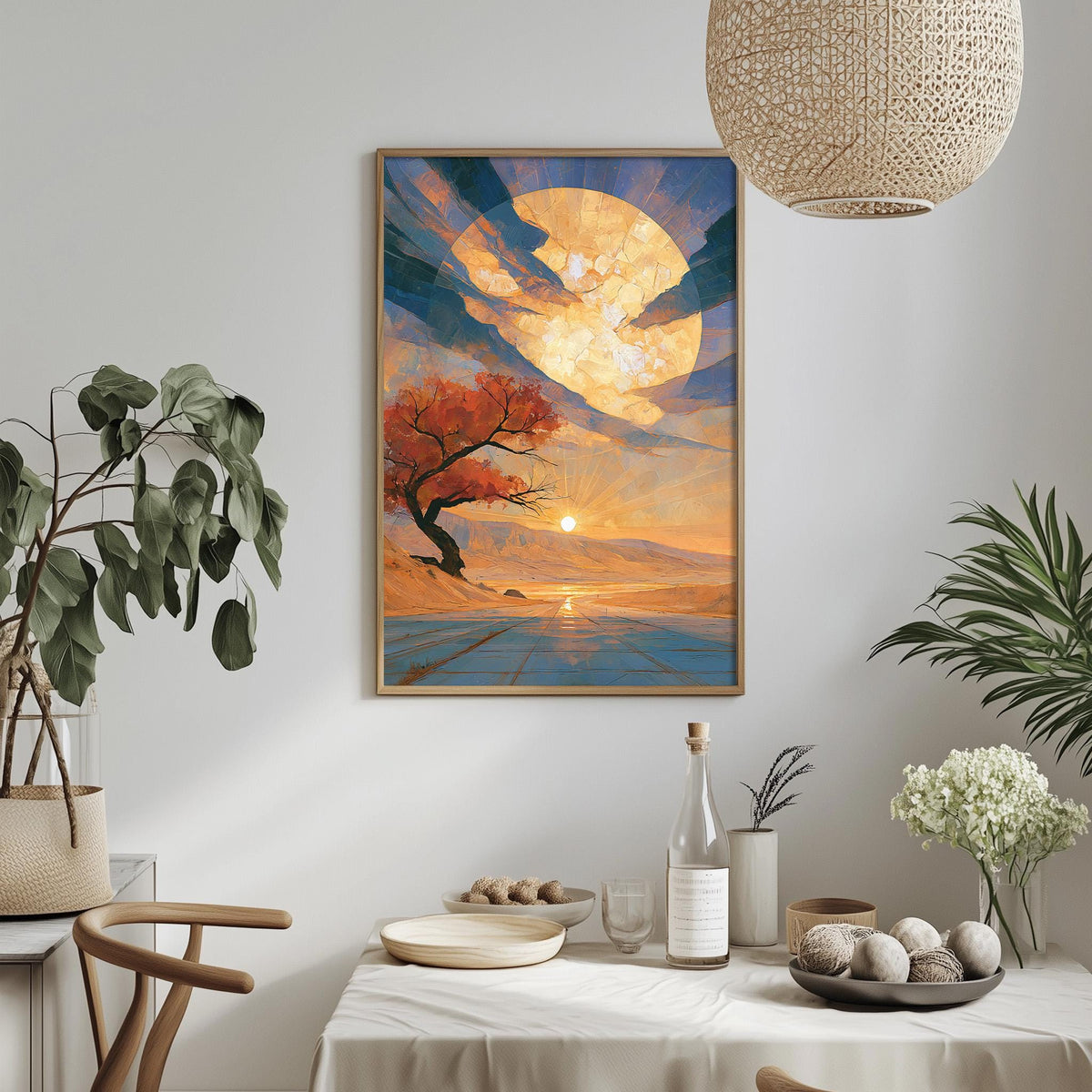 a serene indoor setting with a large painting of a sunset landscape hanging on the wall above a dining table. The table is set with various items, including a bottle, a bowl, and a vase, creating a cozy and inviting atmosphere.