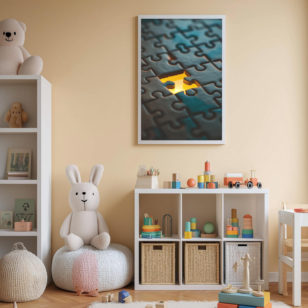 A cozy children's room with a white rabbit sitting on a bean bag chair, surrounded by toys and a bookshelf filled with books and toys. A framed image of a puzzle with a missing piece hangs on the wall above the bookshelf.