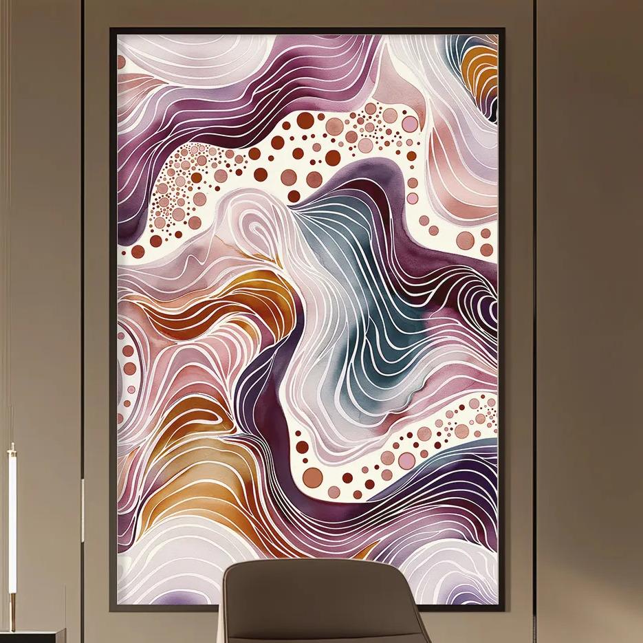 a modern and stylish office space with a large abstract painting on the wall, a wooden desk with a chair, and built-in bookshelves.