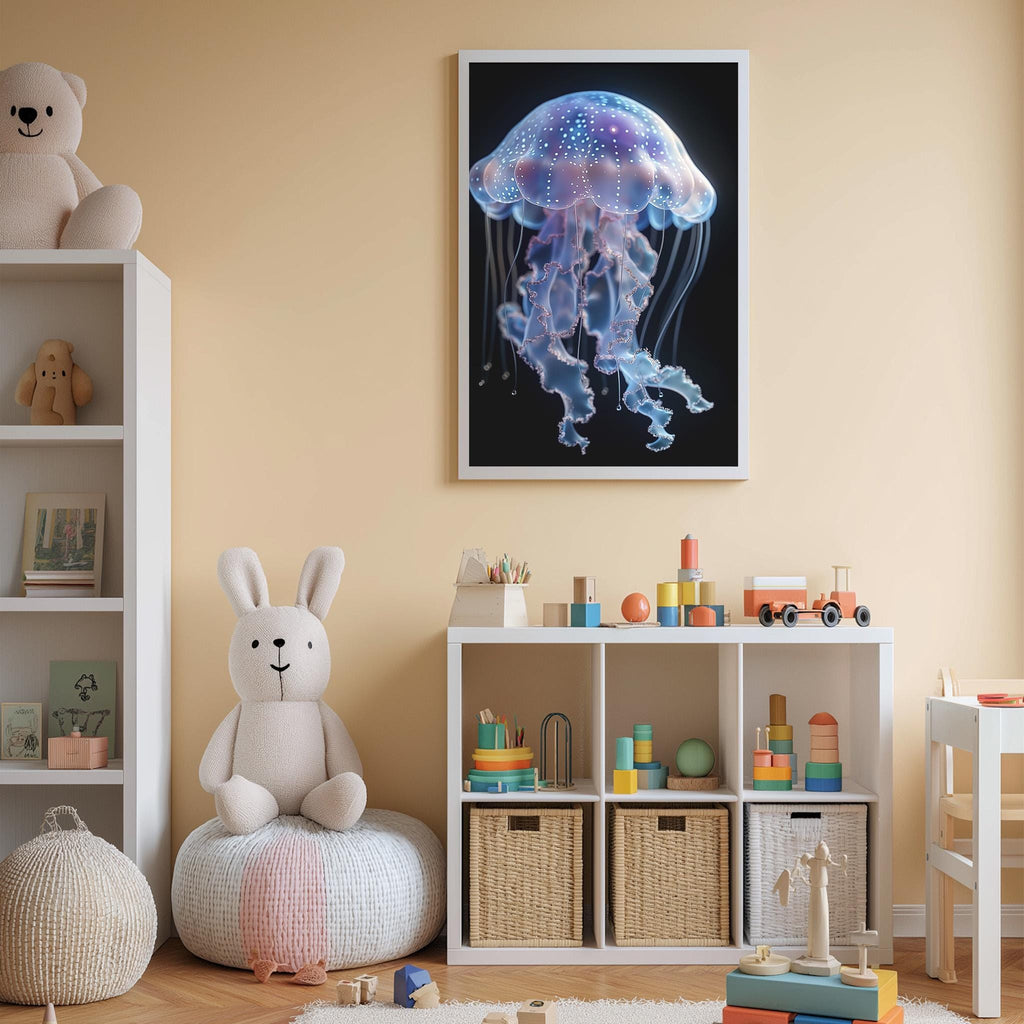 A child's bedroom with a large framed image of a jellyfish on the wall, a stuffed rabbit, a toy train, and a toy castle.