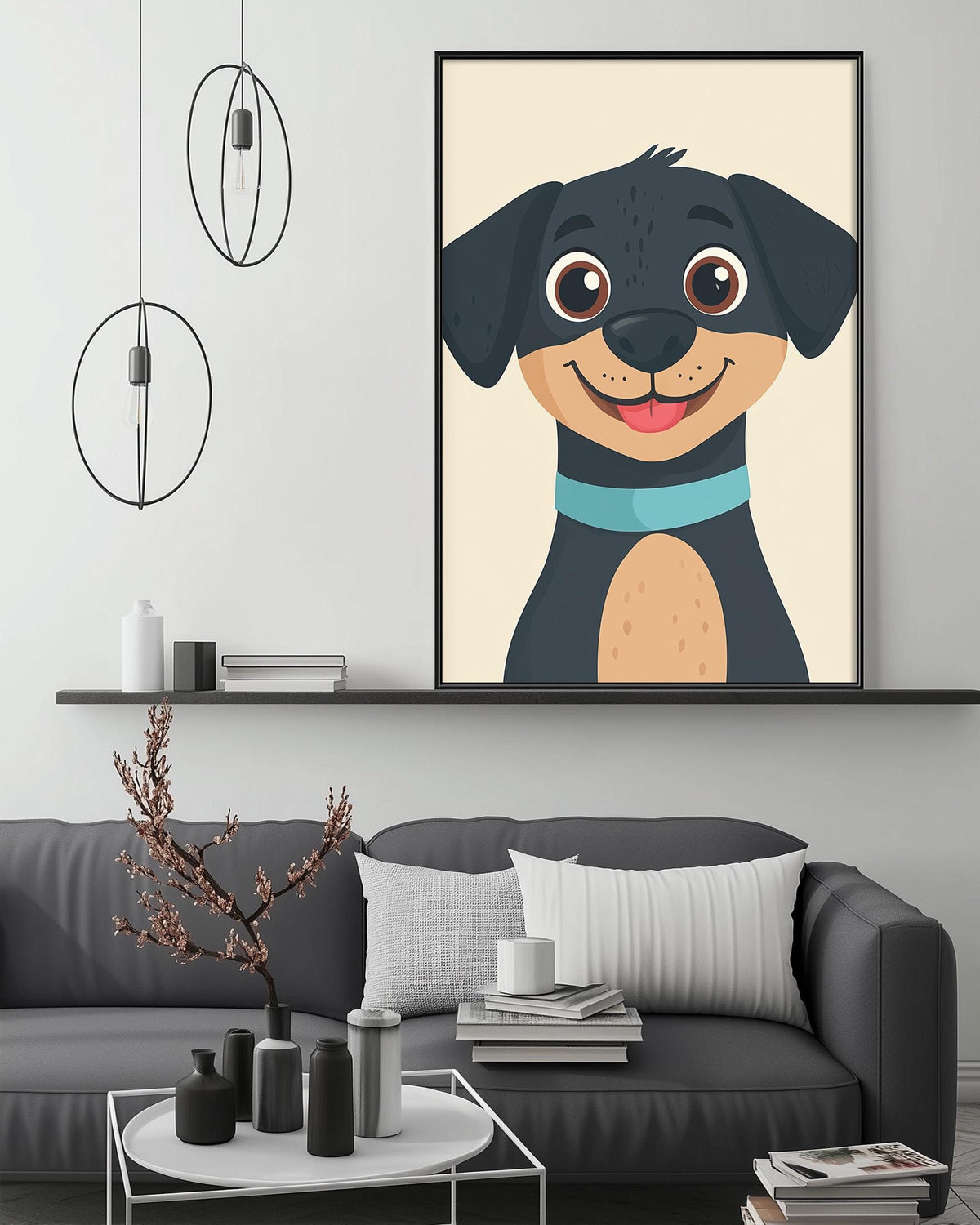 a large, cartoon-style dog with a blue collar, sitting on a couch in a modern living room setting.