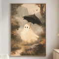 a large painting of a ghost holding an umbrella, set against a forest scene.