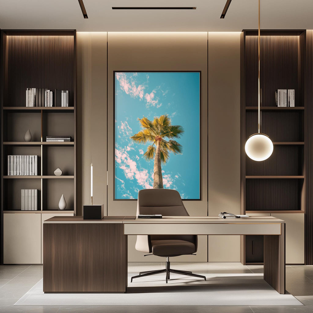 a modern office space with a large framed picture of a palm tree on the wall, creating a tropical ambiance. The office features a wooden desk, a comfortable chair, and a bookshelf filled with books and decorative items.