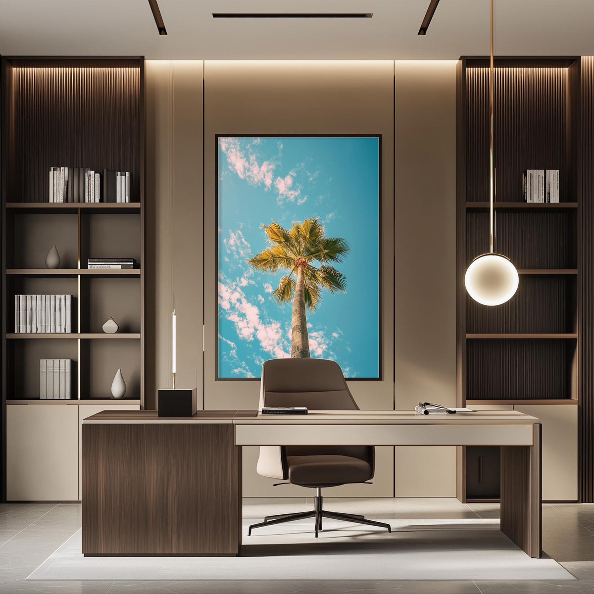 a modern office space with a large framed picture of a palm tree on the wall, creating a tropical ambiance. The office features a wooden desk, a comfortable chair, and a bookshelf filled with books and decorative items.