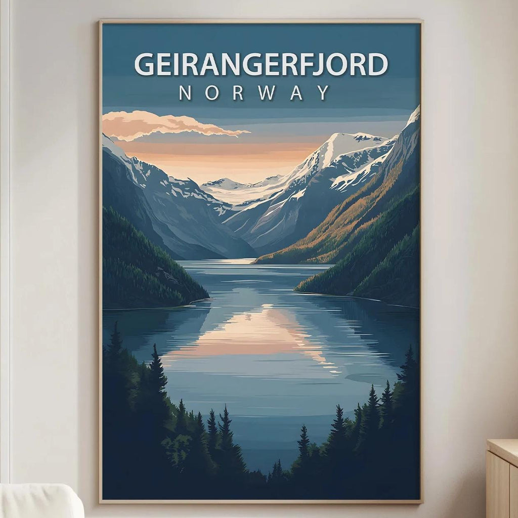 a large poster of a scenic mountain landscape with a lake in the foreground, hanging on a wall in a living room.