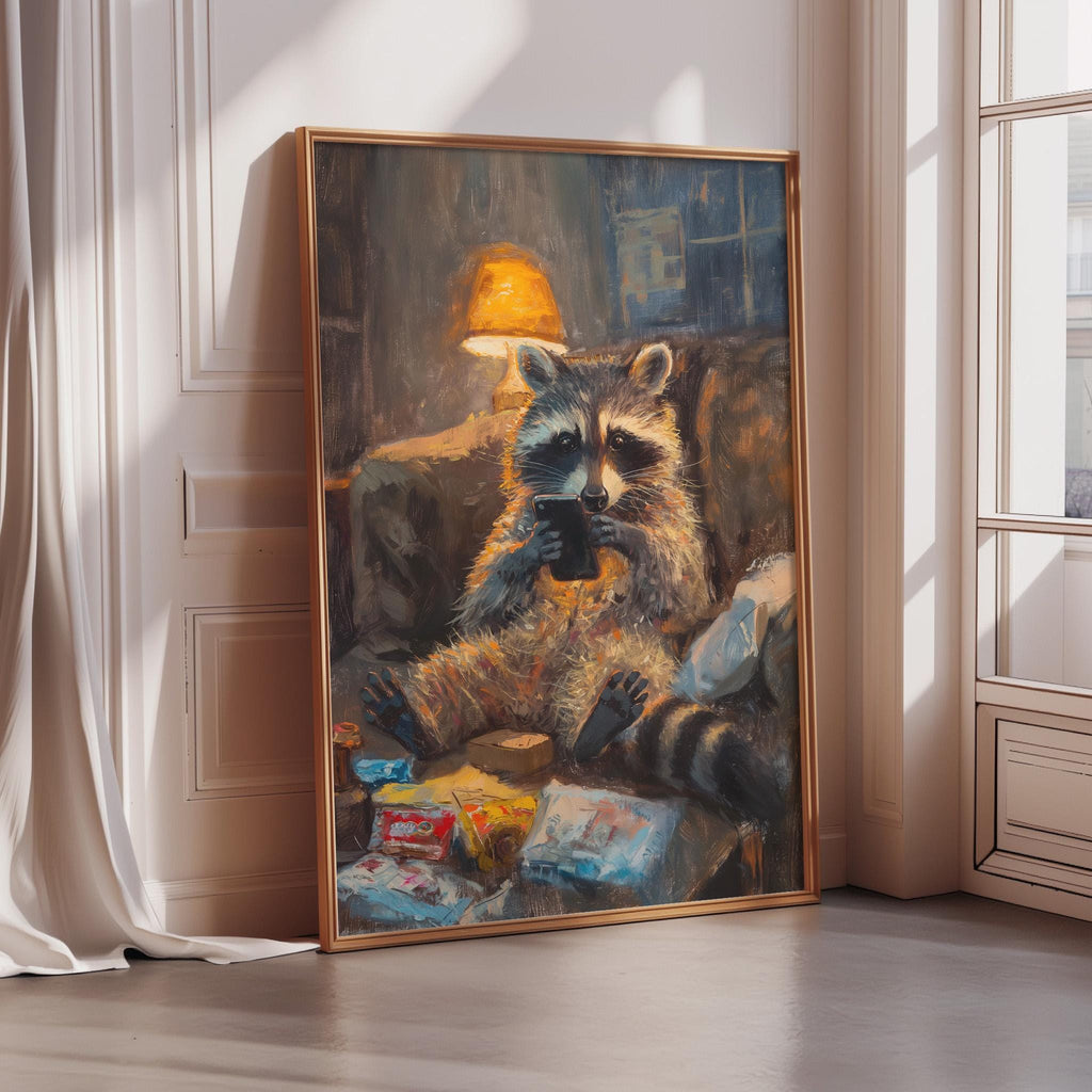 The image is a painting of a raccoon sitting on a chair and holding a cell phone.
