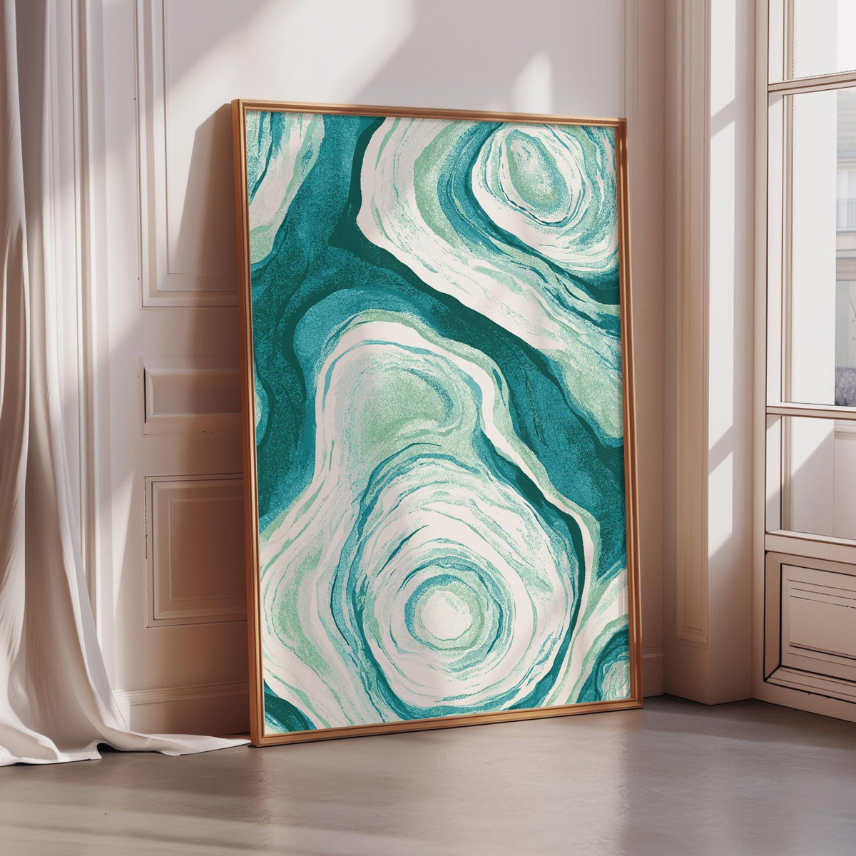 a large abstract painting with swirling patterns in shades of green and white, displayed on a wall in a room with a window.