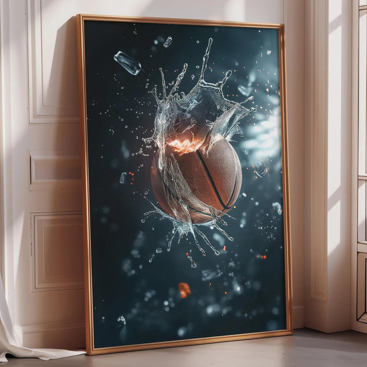 a basketball with a splash of water around it, creating a dynamic and energetic scene.