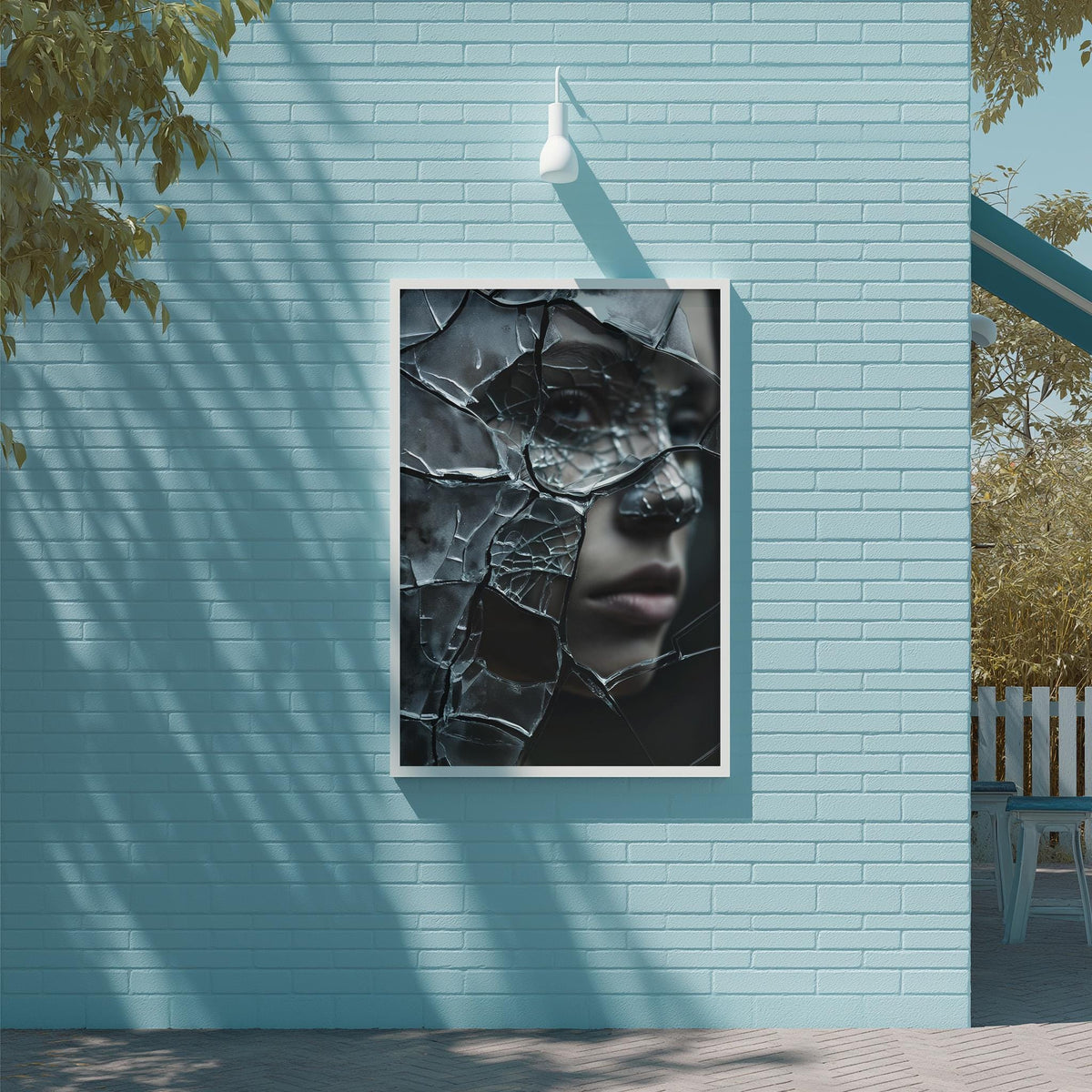 a large, cracked and broken glass piece mounted on a blue brick wall, creating a striking visual effect.