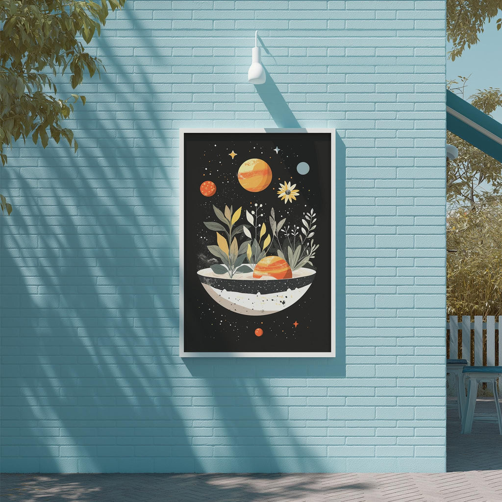 a framed artwork hanging on a blue wall, depicting a black and white image of a bowl filled with various plants and flowers, including a large orange flower.