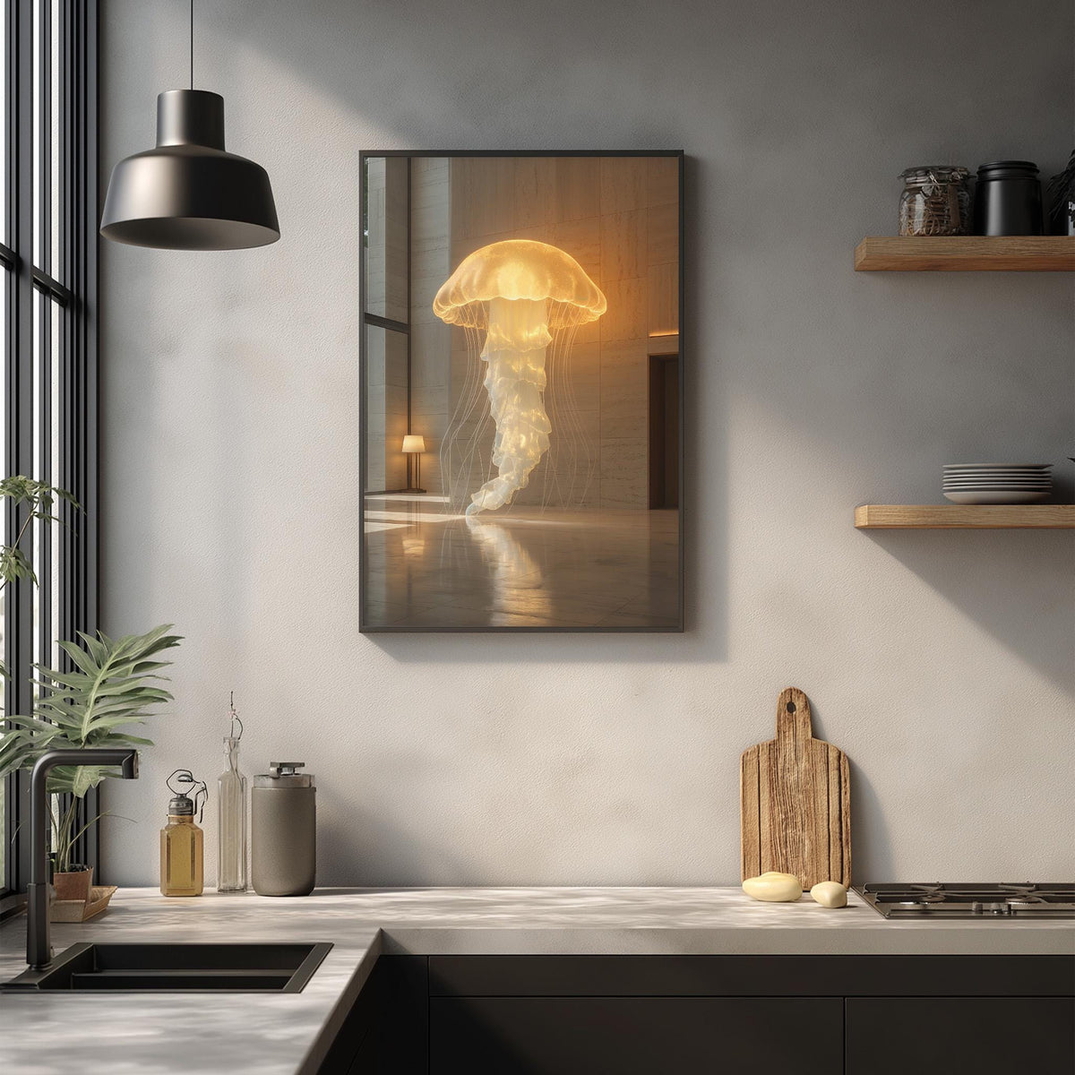 a kitchen counter with various kitchen items, including a cutting board, a soap dispenser, and a plant. Above the counter, there is a framed image of a jellyfish illuminated by a light source, creating a warm and inviting atmosphere in the kitchen.