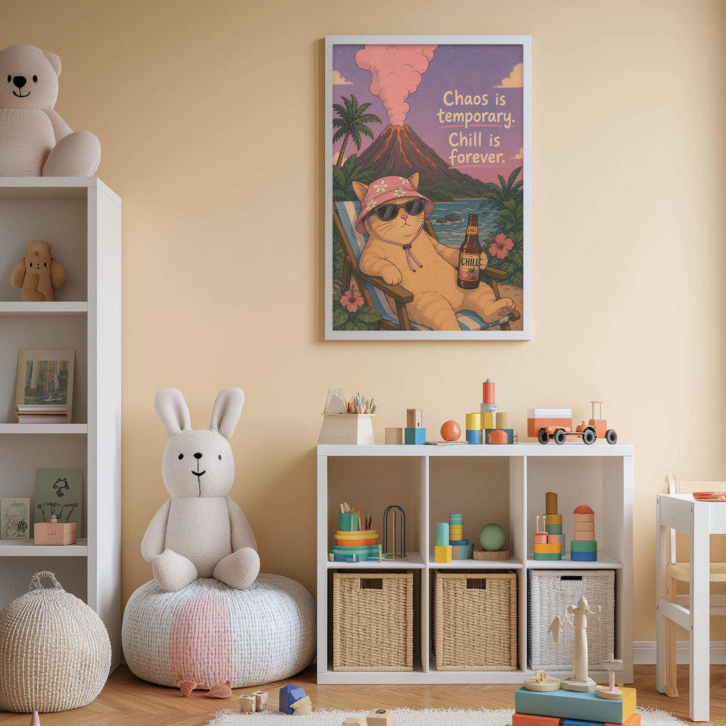 a child's bedroom with a large poster of a cat wearing sunglasses and a hat, a stuffed rabbit, a bookshelf, and a toy chest.