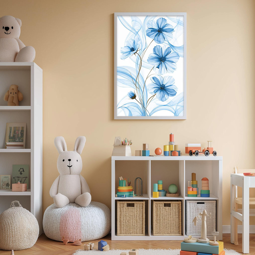 A cozy children's room with a white bookshelf, a plush bunny, and a colorful toy box filled with toys. A framed artwork of blue flowers hangs on the wall above the bookshelf.