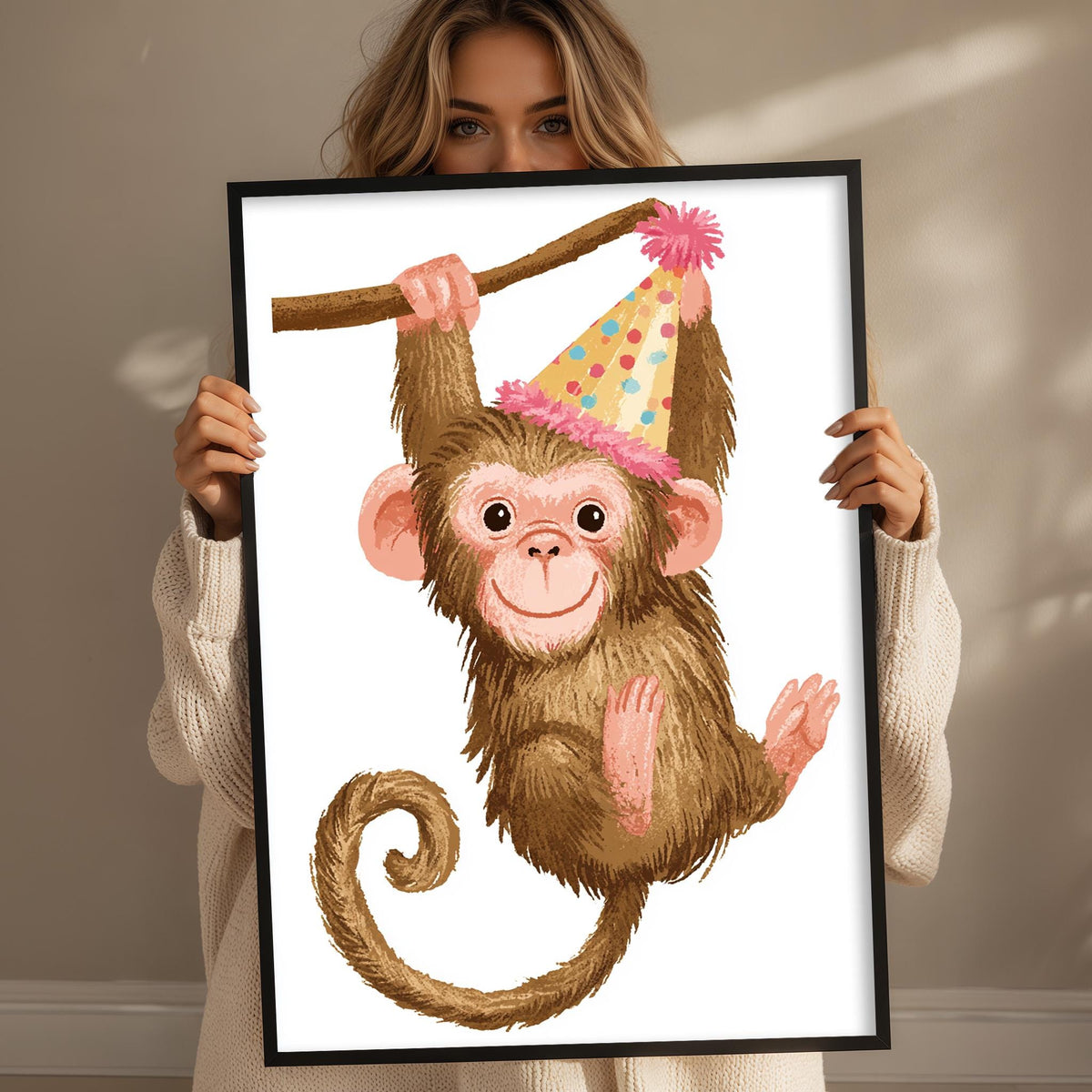 A woman is holding a framed picture of a monkey wearing a party hat.