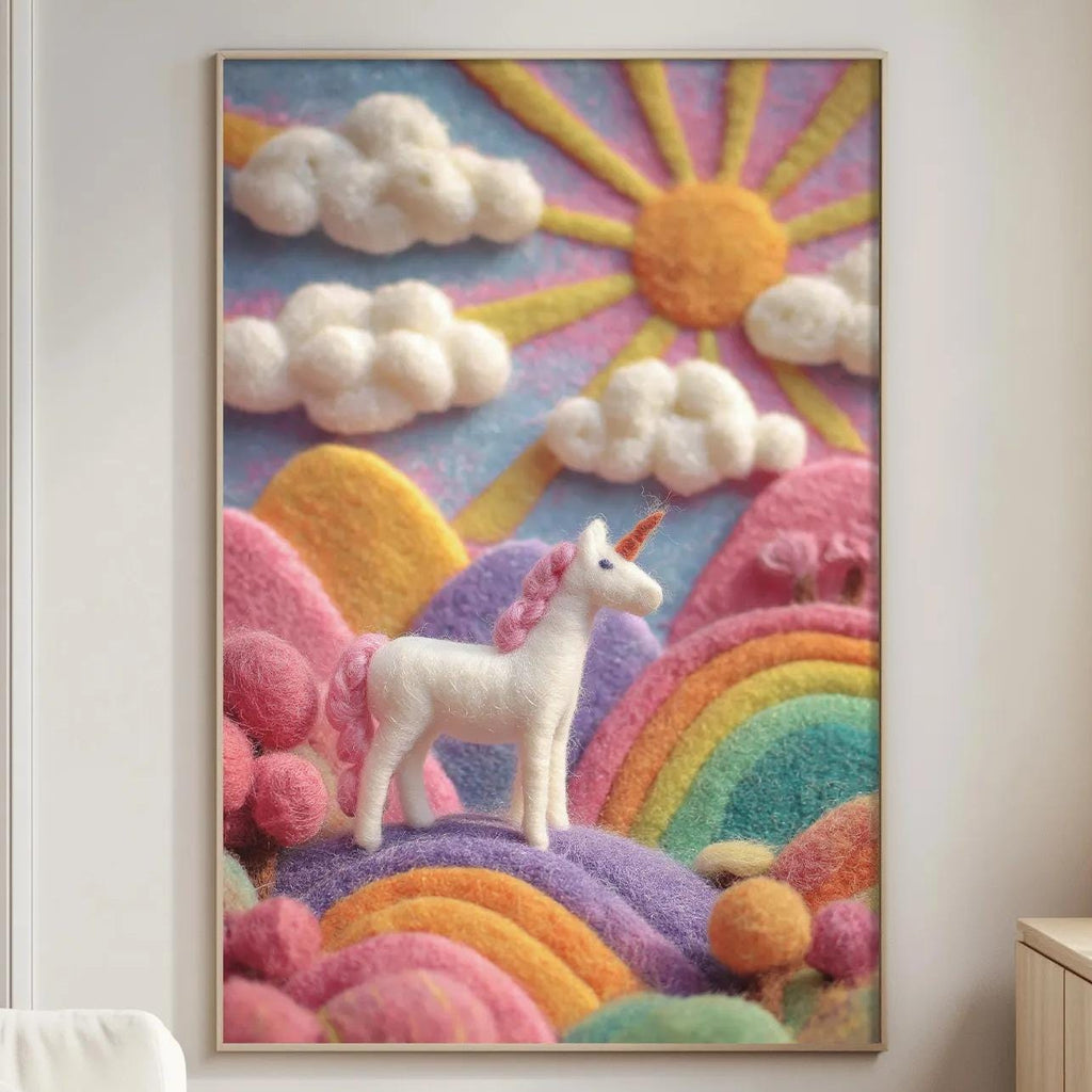 a vibrant, colorful painting of a unicorn standing on a grassy hill, surrounded by a rainbow and clouds, all set against a bright, sunny sky.