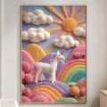 a vibrant, colorful painting of a unicorn standing on a grassy hill, surrounded by a rainbow and clouds, all set against a bright, sunny sky.