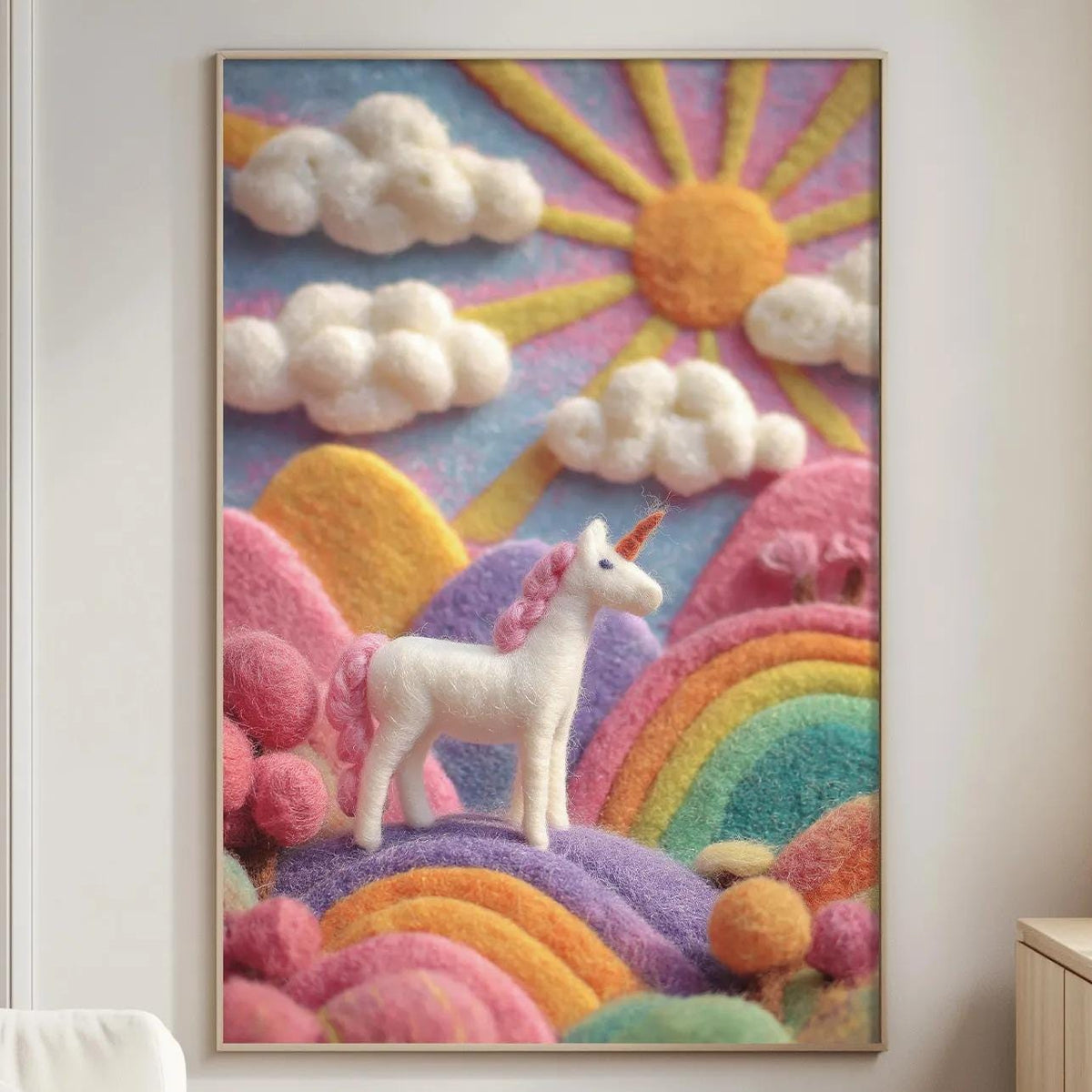 a vibrant, colorful painting of a unicorn standing on a grassy hill, surrounded by a rainbow and clouds, all set against a bright, sunny sky.