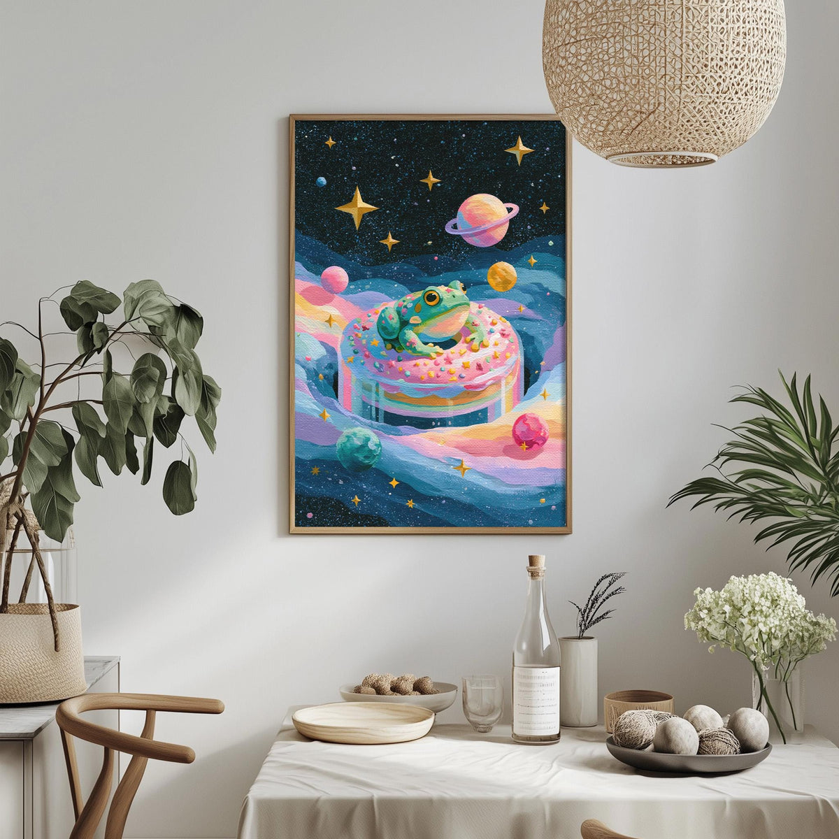 a vibrant and whimsical painting of a frog sitting on a cake surrounded by planets and stars, hanging on a wall above a dining table.