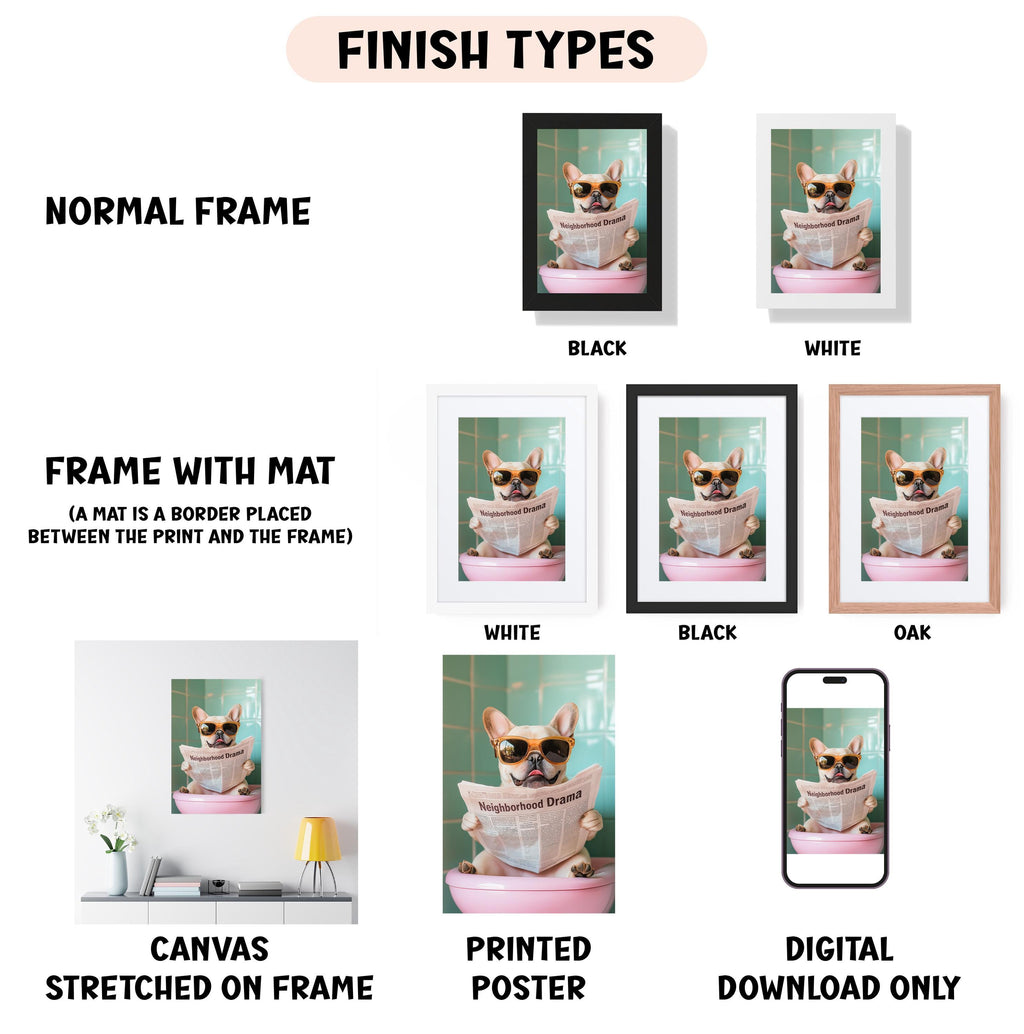 various framed artworks featuring a dog wearing sunglasses and reading a newspaper. The artworks are labeled with different finish types, such as "NORMAL FRAME", "FRAME WITH MAT (MAT is a border placed between the print and the frame)", "WHITE", "BLACK", "BLACK", "OAK", "CANVAS STRETCHED ON FRAME", "PRINTED POSTER", and "DIGITAL DOWNLOAD ONLY".