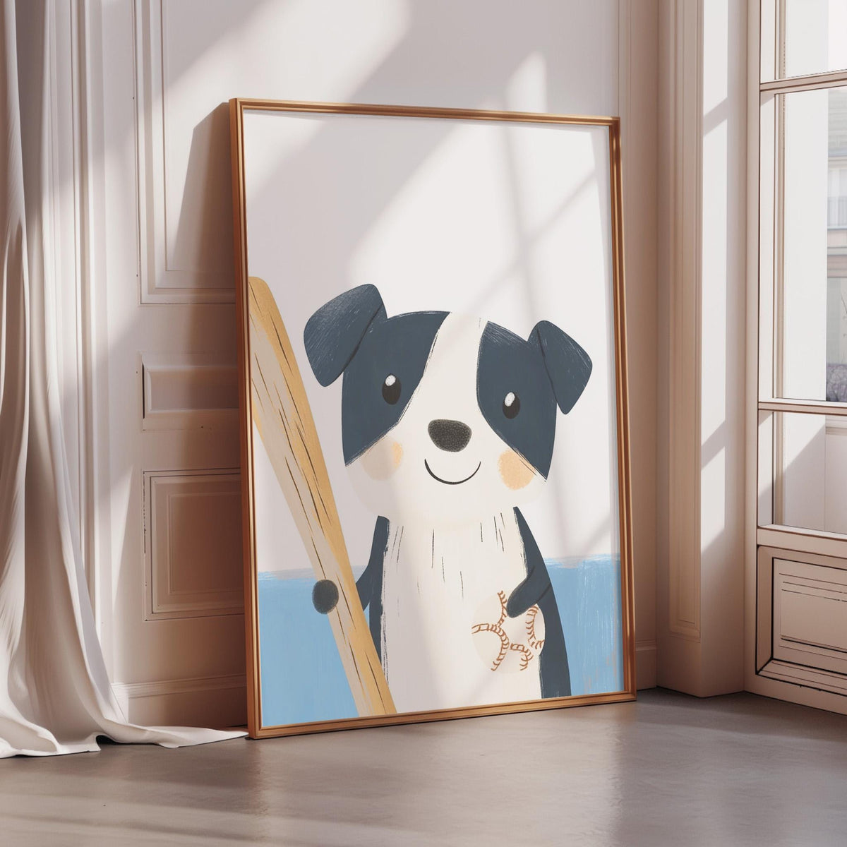 A framed illustration of a dog holding a stick, with a smiling expression, is displayed on a wall in a room with a window.