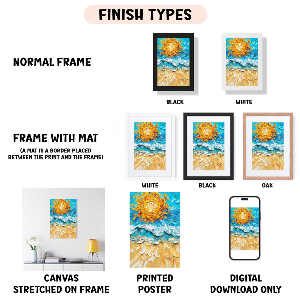 various types of artwork, including a canvas stretched on a frame, a framed poster, and a digital poster. The artwork is presented in different frame colors, such as black, white, and orange. The image also includes a description of the artwork, including the finish types and the materials used, such as canvas and poster.