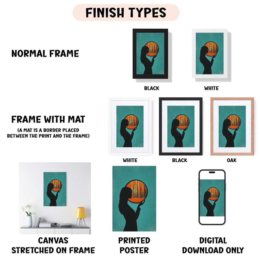 various framed artworks, including a canvas stretched on a frame, a framed poster, and a digital download. The artworks are presented in different frame colors and styles, such as normal frame, black, white, and oak. The image also includes a list of finish types, including canvas stretched on frame, printed poster, and digital download only.