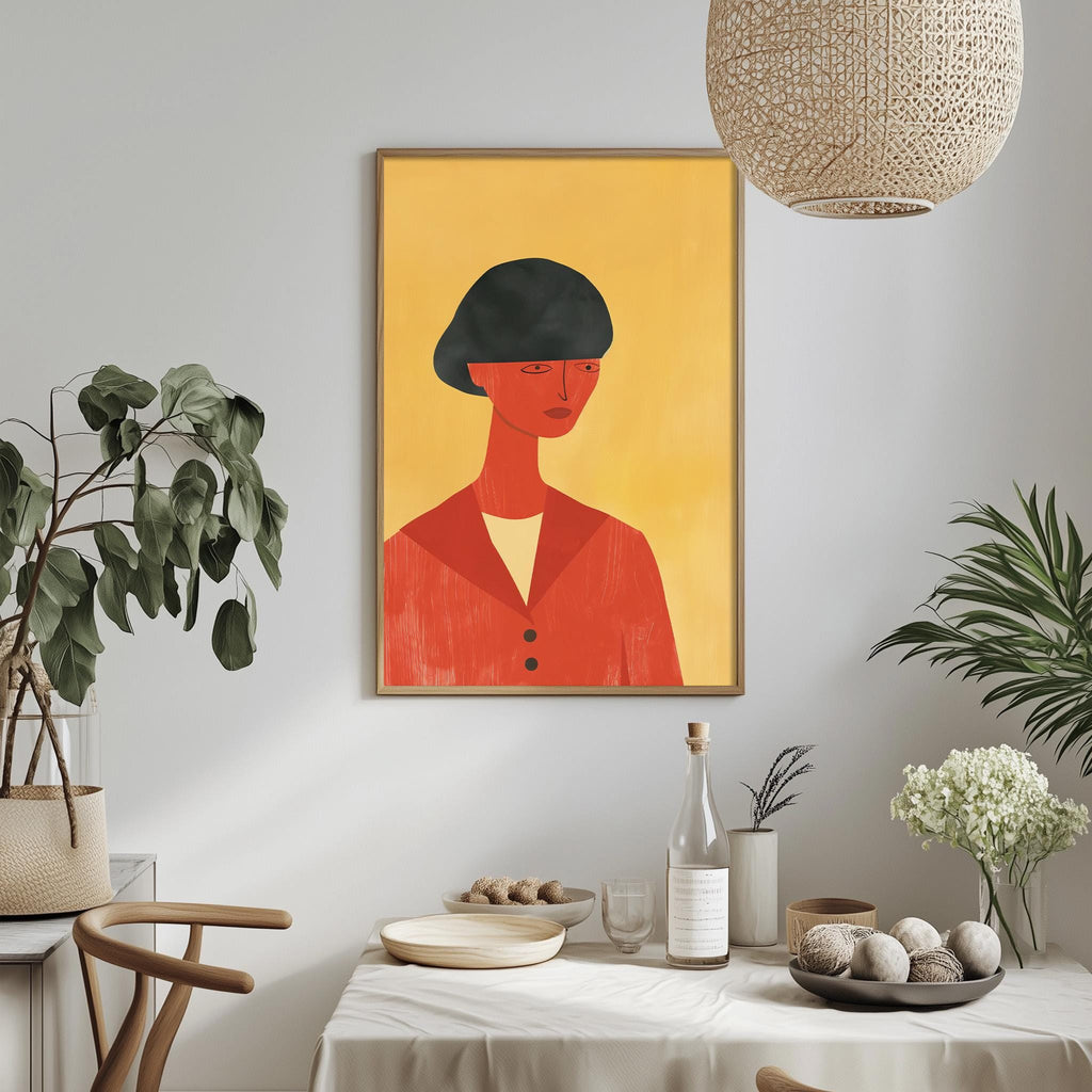 a dining table with a white tablecloth, a bowl of fruit, a bottle, and a vase with flowers. Above the table, there is a framed painting of a woman in a red jacket.