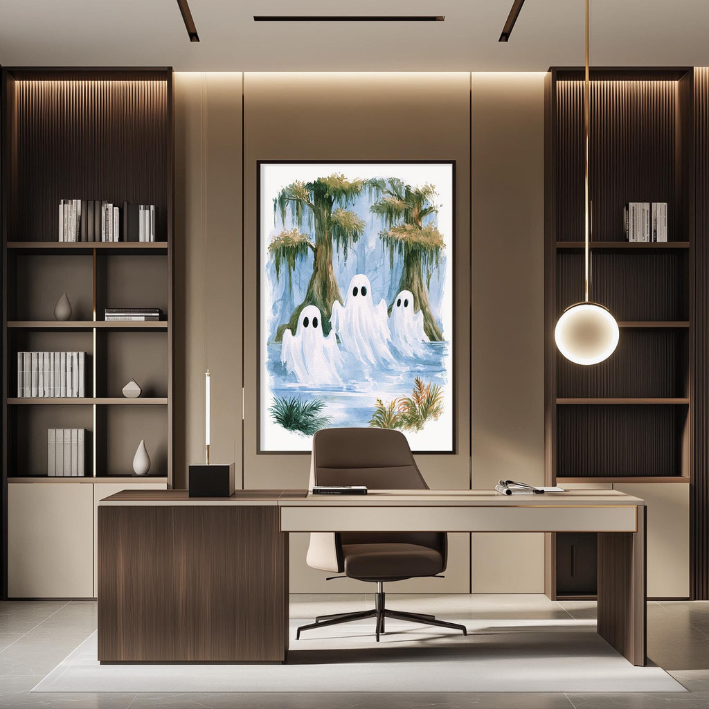 a modern office space with a large framed artwork of ghostly figures in a swamp-like setting on the wall. The office features a wooden desk, a comfortable-looking chair, and a bookshelf filled with books. The overall design and decor create a sophisticated and professional atmosphere.