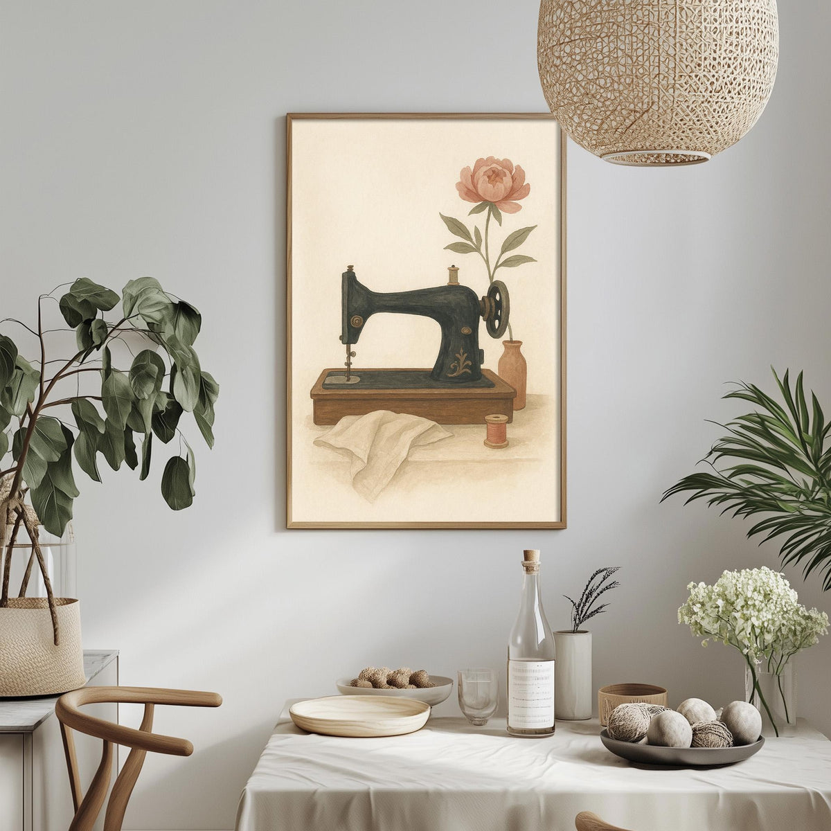 a framed painting of a sewing machine with a pink flower on top, hanging on a wall above a table with various items on it.
