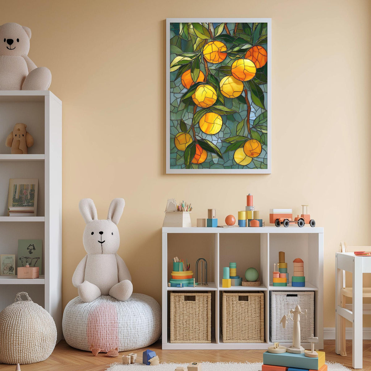A cozy children's room with a teddy bear, a shelf with toys, and a framed stained glass artwork depicting oranges hanging from branches.