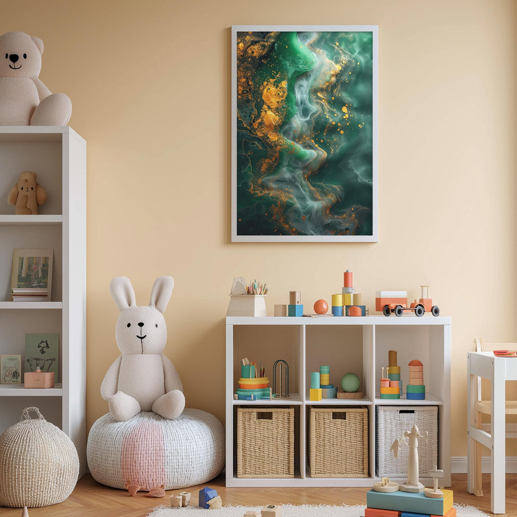 A cozy and colorful children's bedroom with a large abstract painting on the wall, a white bookshelf filled with toys, and a plush rabbit sitting on a bean bag chair.