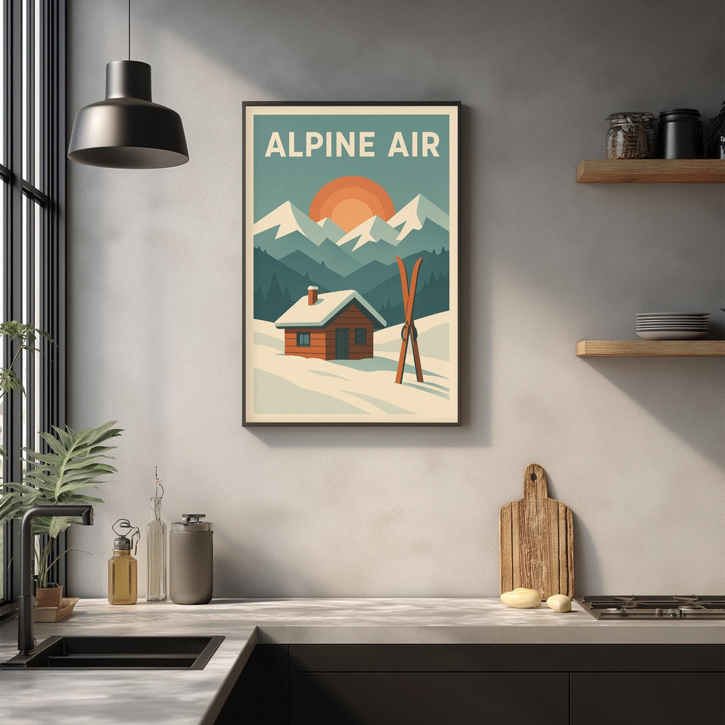 a framed poster of a snowy mountain landscape with a cabin and skis hanging on a wall above a kitchen counter.