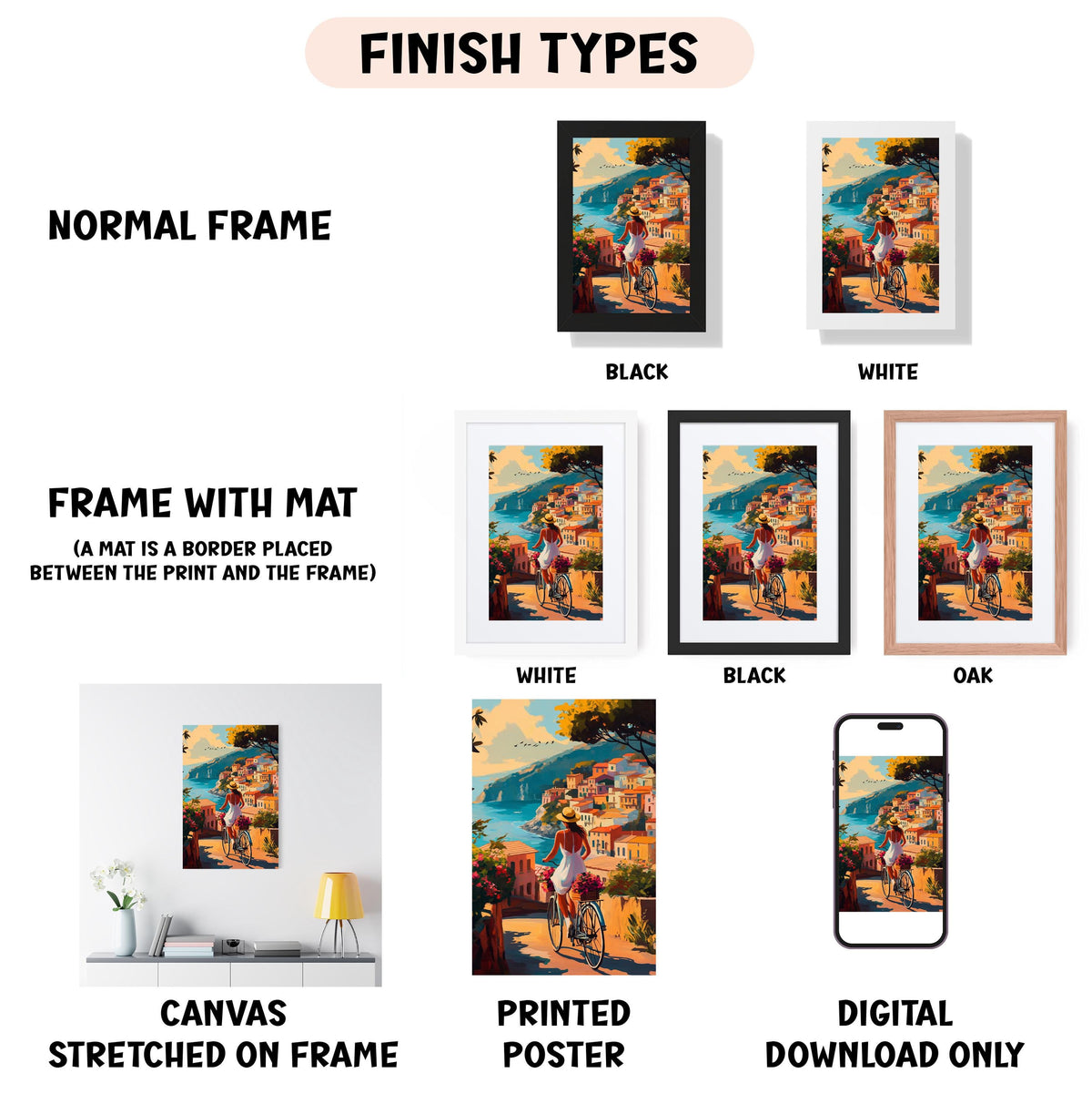 various types of artwork, including a normal frame, a frame with a mat, a white frame, a black frame, an oak frame, a white canvas stretched on a frame, a printed poster, and a digital download only.