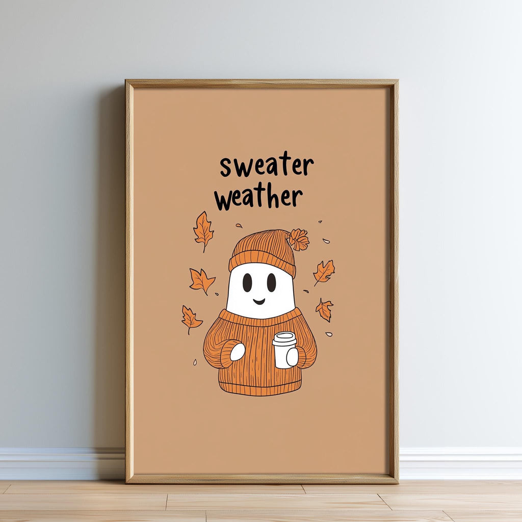 a cartoon ghost wearing a sweater and holding a cup, surrounded by autumn leaves.