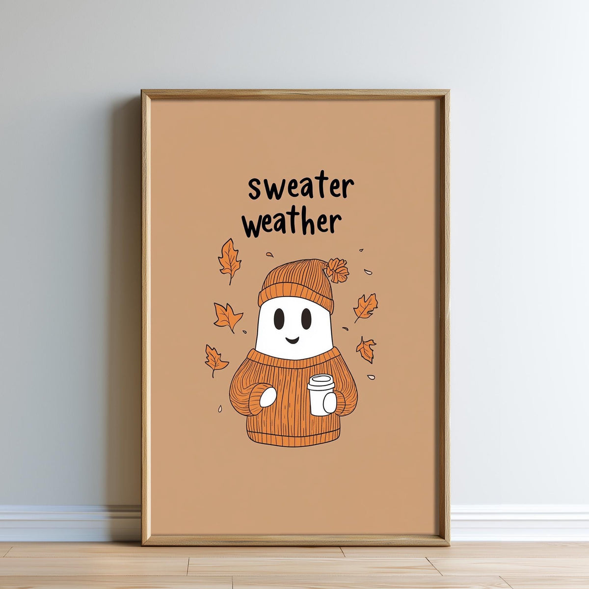 a cartoon ghost wearing a sweater and holding a cup, surrounded by autumn leaves.