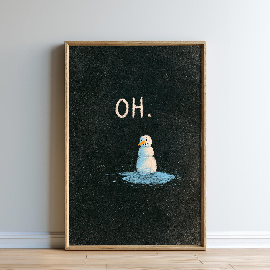 a snowman sitting in a puddle of water, with the word "OH" written above it.