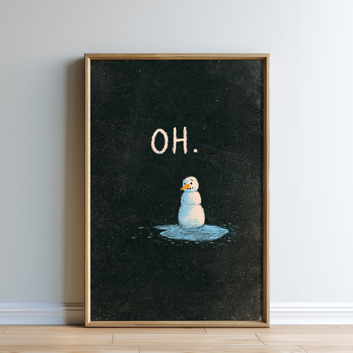 a snowman sitting in a puddle of water, with the word "OH" written above it.