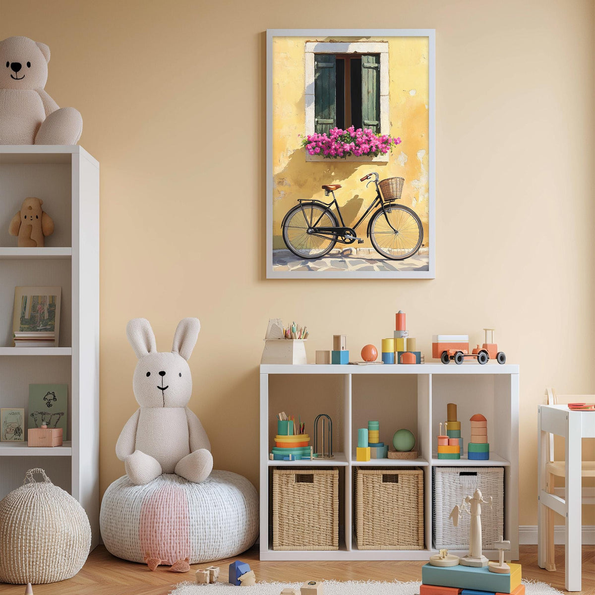 A cozy children's room with a bicycle, stuffed animals, and storage bins filled with toys. A framed picture of a bicycle and a window with flowers hangs on the wall, adding a touch of whimsy to the space.