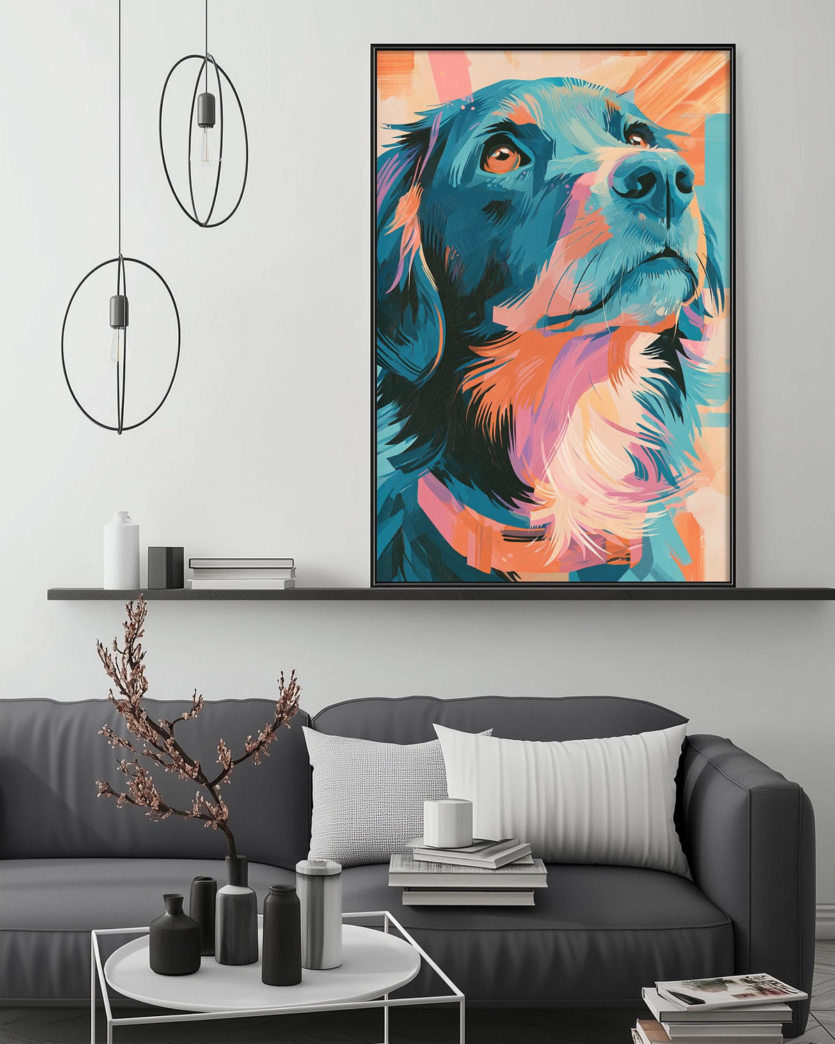 a large, colorful painting of a dog's face hanging on a wall above a gray couch in a modern living room setting.