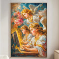a large painting of angels with a woman at a desk, surrounded by flowers and other decorative elements. The painting is hanging on a wall in a living room setting, with a white couch and a lamp visible in the background.