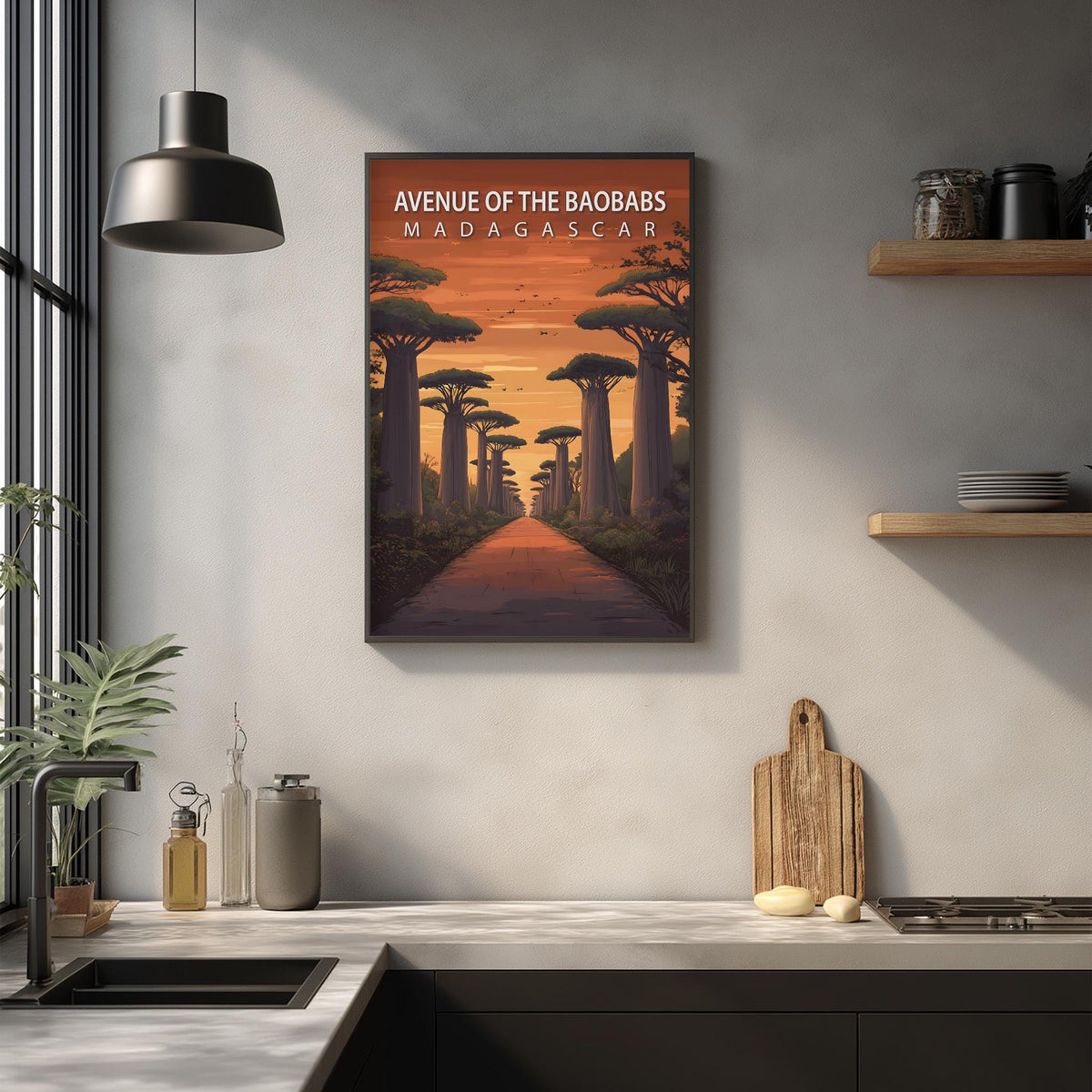 a kitchen counter with various kitchen items, such as a cutting board, a bottle, and a bowl, as well as a framed poster of a tropical forest scene hanging on the wall.