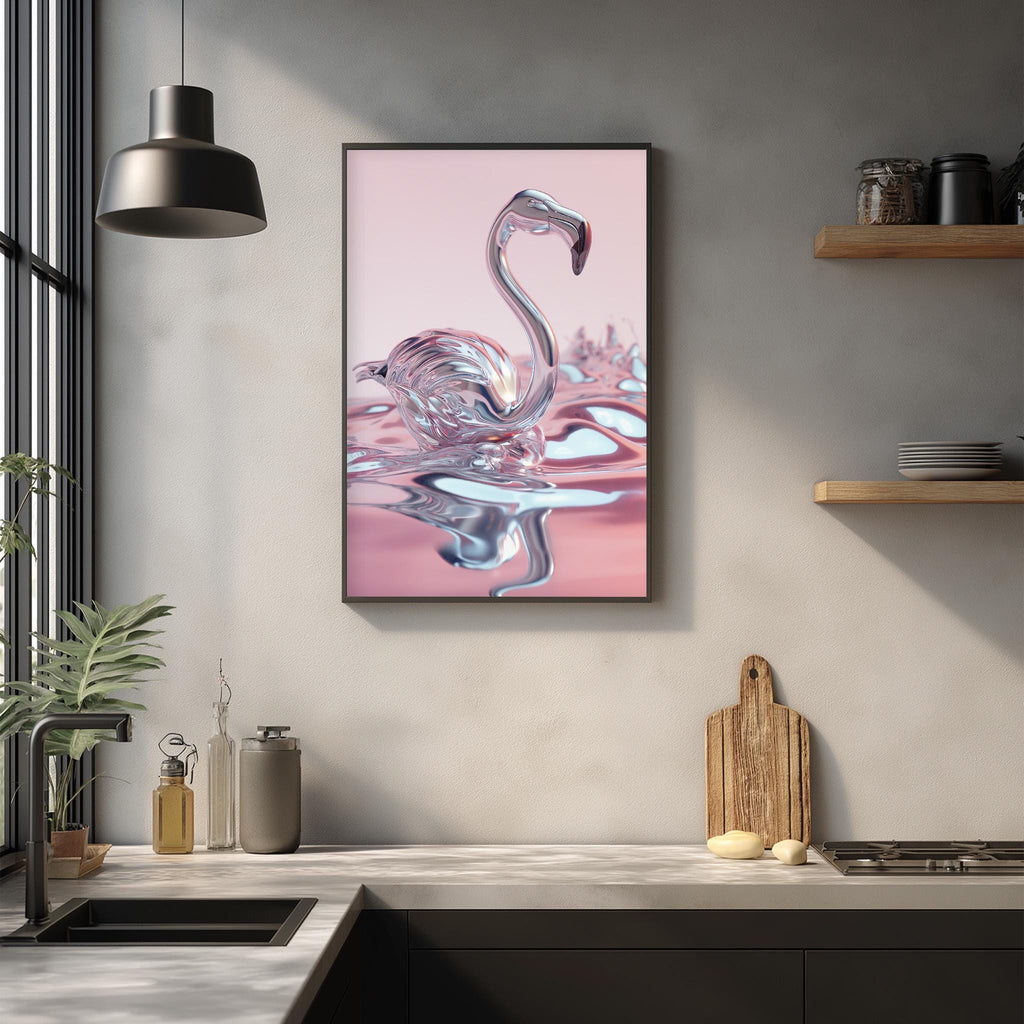a pink flamingo in a glass-like material, displayed on a wall in a modern kitchen setting.