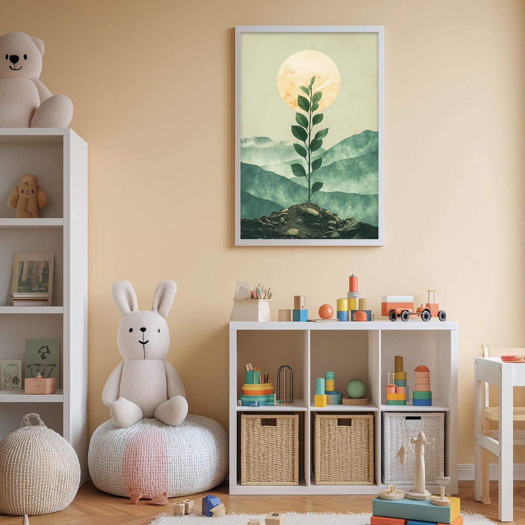 A cozy children's room with a white bookshelf, a plush rabbit, and a colorful toy box filled with toys. Above the bookshelf, there is a framed picture of a plant with a large sun in the sky.