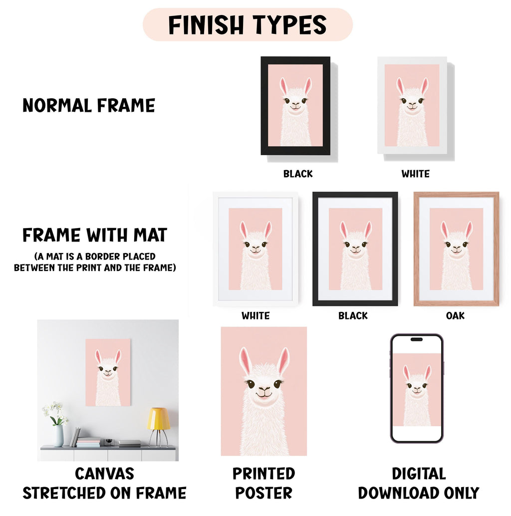 various finish types for a framed artwork featuring a llama. It includes a normal frame, a frame with a mat, a white frame, a black frame, a white frame, a black frame, and an oak frame. The artwork is a canvas stretched on a frame, and it is a digital poster.