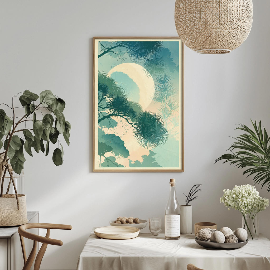 a serene indoor setting with a framed picture of a tropical landscape hanging on the wall, a dining table with a vase of flowers, a bottle of wine, and a bowl of fruit.